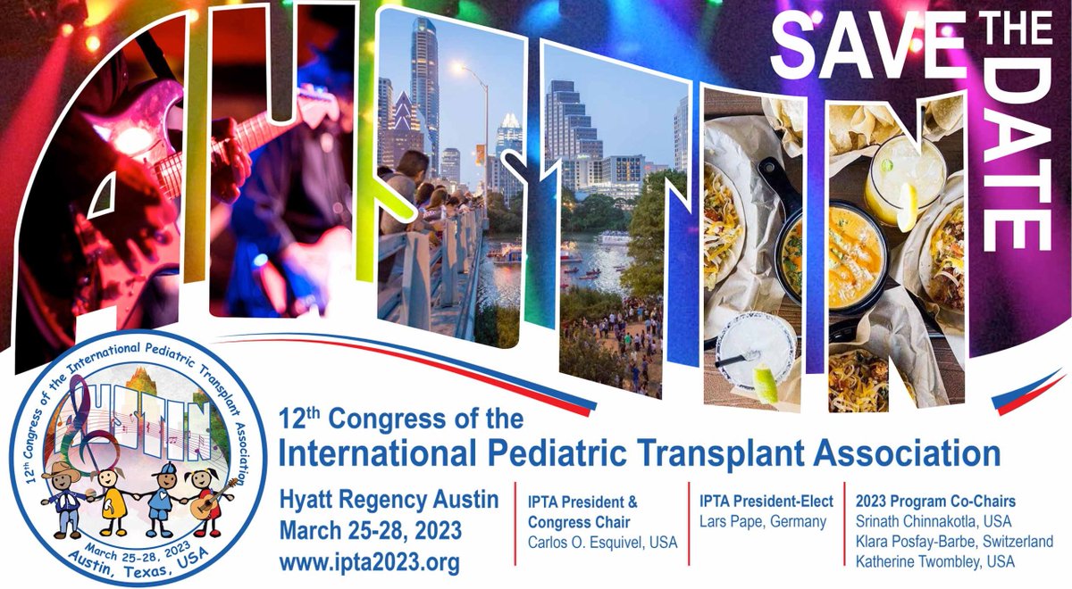 IptaPedsTx's tweet photo. Mark your calendar and join #IPTA2023 March 25-28 in Austin, Texas! Connect with your colleagues of the leading global pediatric transplantation community! Learn More π https://t.co/yYixk0kqgN
#TransplantTwitter #Pediatrics #OrganDonation #Transplantation #KidDoc https://t.co/jPcdnDRzHs