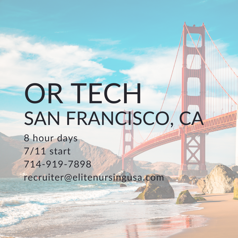 elitenursingusa's tweet image. #ortech needed for day shift #alliedhealth travel assignments in #sanfrancisco #california 

For more details and inquiries, contact our team at recruiter@elitenursingusa.com or 714-919-7898