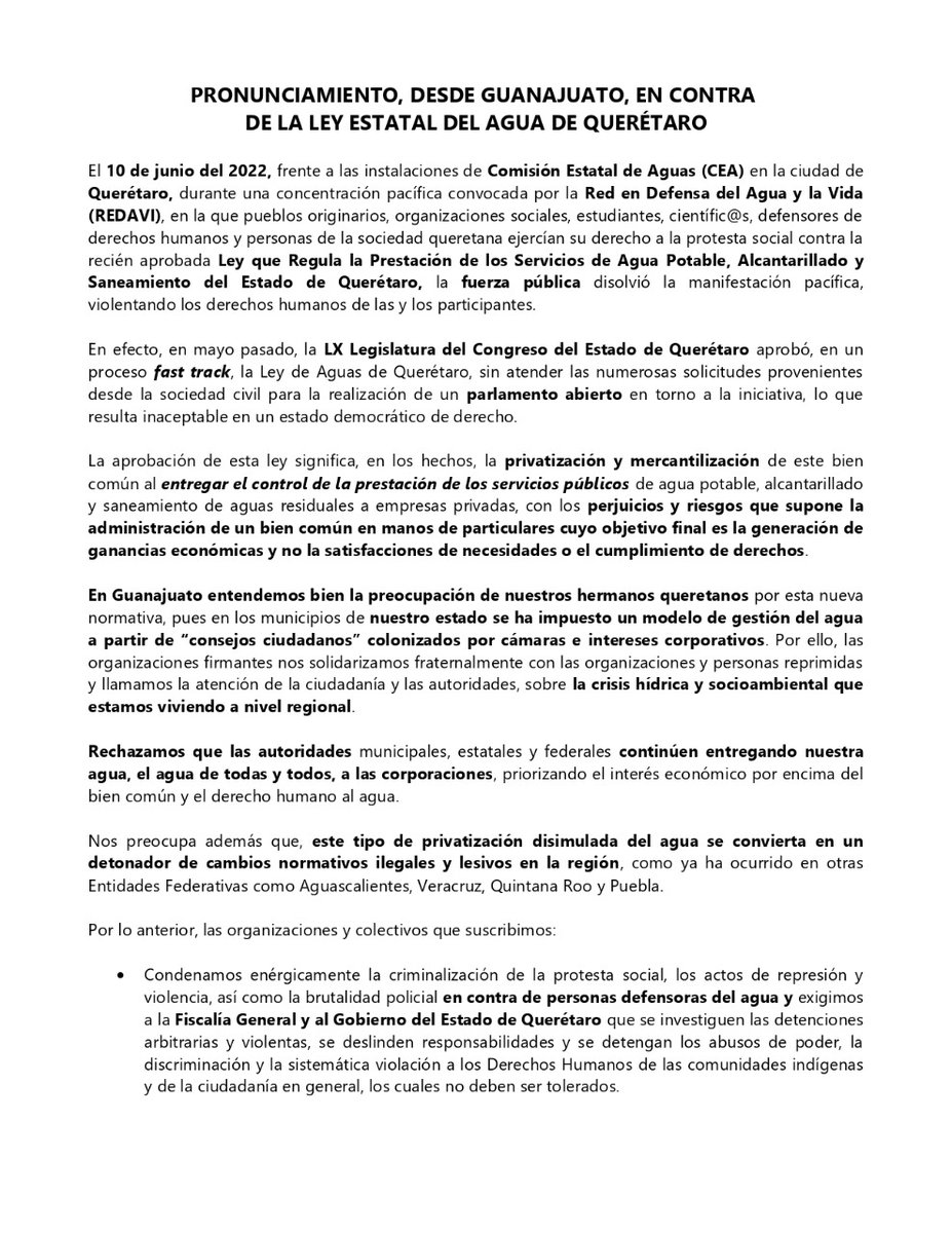 AguaParaTodxsMX's tweet photo. 📢Pronunciamiento 
Distintas organizaciones de #Guanajuato nos unimos frente a la #LeyKuri en #Querétaro aprobada sin atender las voces de la sociedad civil. Rechazamos que cualquier autoridad entregue el agua de todxs  así como la criminalización de la protesta social https://t.co/9VsFLwpWkM