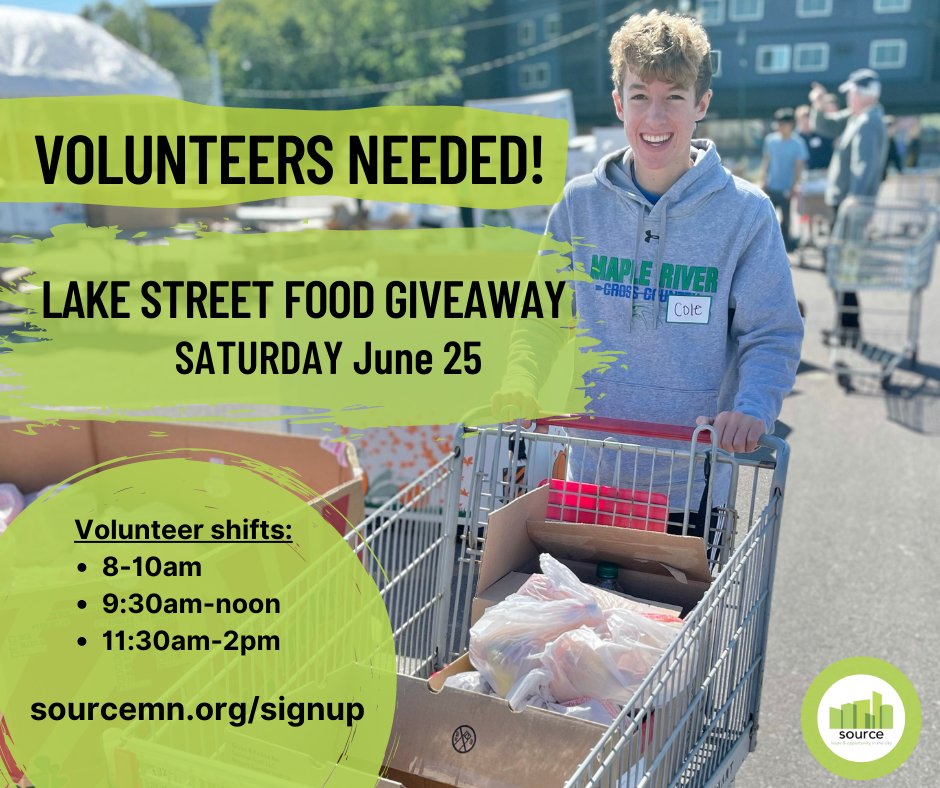 SourceMN's tweet photo. We NEED your help THIS SATURDAY (June 25) to help give free groceries to hundreds of families in need by volunteering at the Lake Street Food Giveaway. Volunteer slots are 8-10am, 9:30am-Noon &amp; 11:30am-2pm. Go to https://t.co/ajz5W8vDzu for more info &amp; to sign up! https://t.co/hRhlDetaIc
