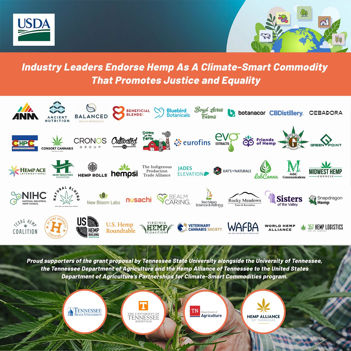 The <a href="/HempRoundtable/">US Hemp Roundtable</a> is proud to join industry leaders in endorsing the collaborative project proposal to the <a href="/USDA/">Dept. of Agriculture</a> by <a href="/TSUedu/">Tennessee State University</a> <a href="/UTKnoxville/">UT Knoxville</a> <a href="/TNAgriculture/">TN Dept. of Ag</a> + <a href="/hempalliancetn/">Hemp Alliance of Tennessee</a> that would position #hemp as a climate-smart commodity promoting justice &amp; equality. hempsupporter.com/assets/uploads…