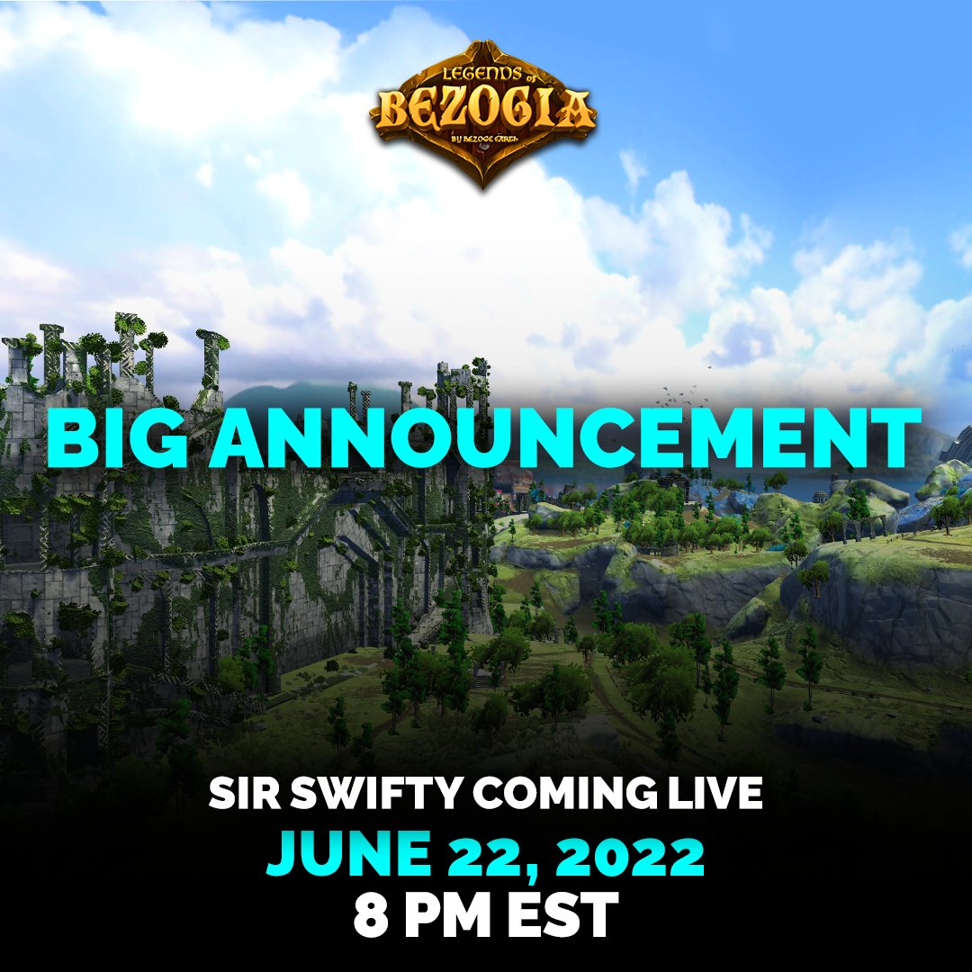 A big surprise coming your way! 
Join Sir Swifty on June 22nd, 2022 at 8pm EST on his YouTube channel to know the details!

Stay Tuned!

#Bezoge #Legendsofbezogia #crypto #cryptocommunity #NFTs #nftcommunity #blockchaingaming #play2earngame #metaverse

  bit.ly/3OQGFyj