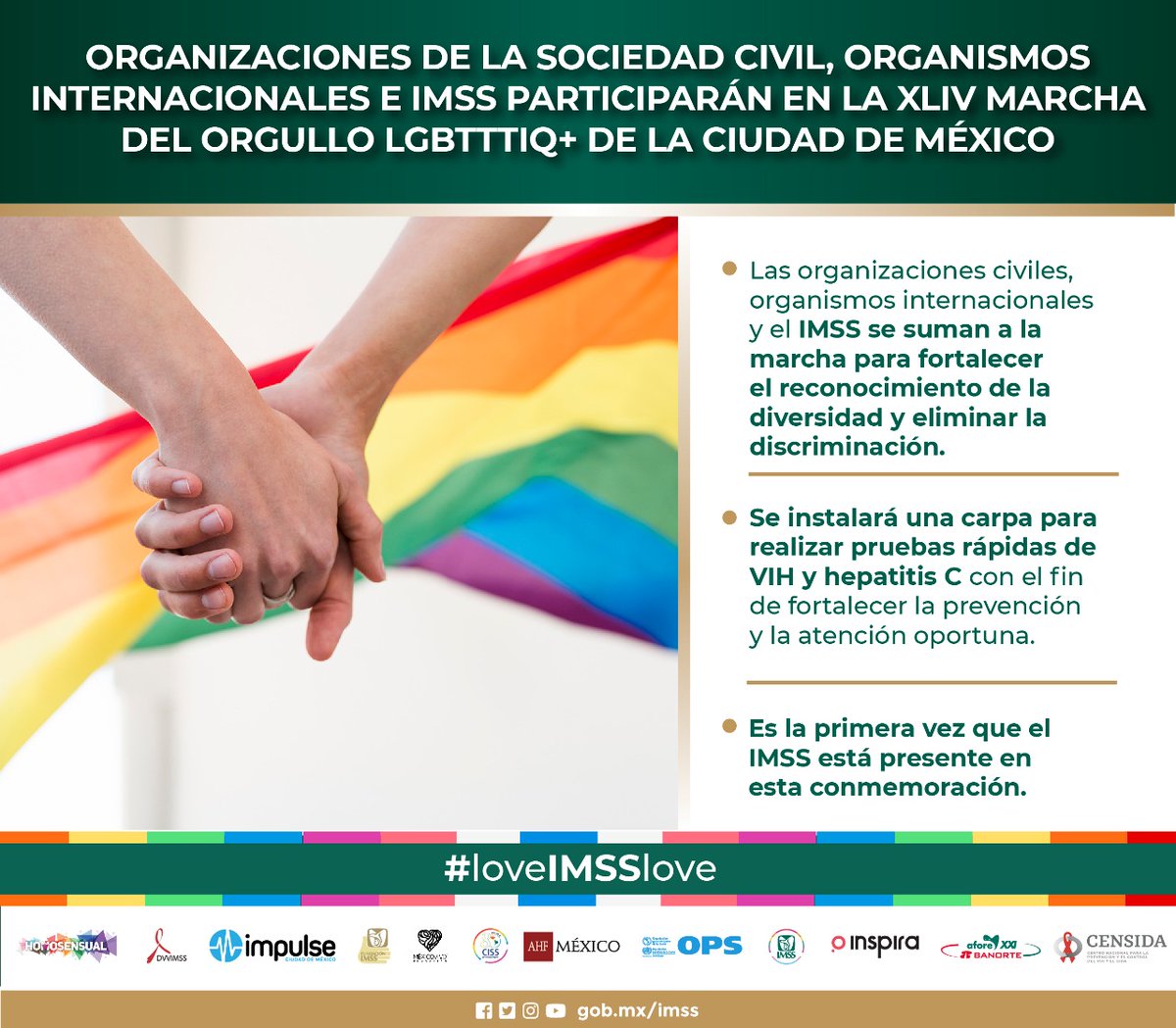 Tu_IMSS's tweet photo. Organizaciones de la sociedad civil, organismos internacionales e #IMSS participarán en la XLIV Marcha del Orgullo LGBTTTIQ+ de la #CDMX. 🏳️‍🌈

➡️  https://t.co/R2WX6AiRGs

#loveIMSSlove #MarchaLGBTTTIQcdmx https://t.co/y68hI9WVLx