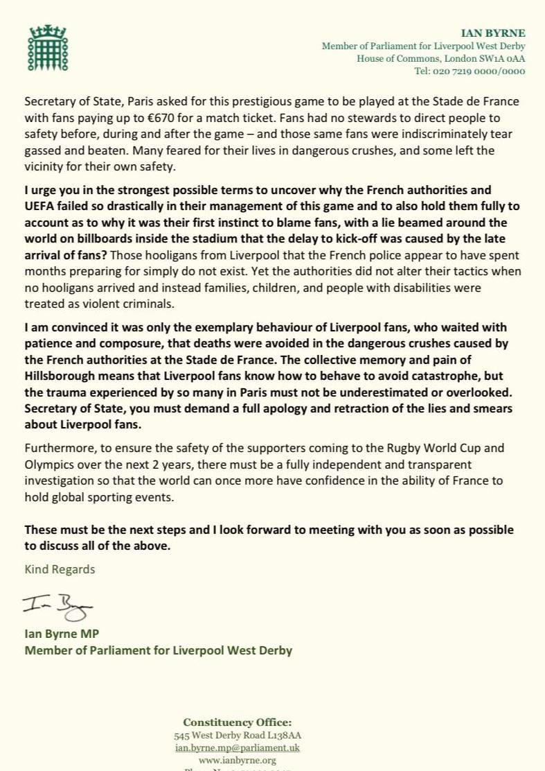 I have written to <a href="/NadineDorries/">Rt Hon Nadine Dorries</a> tonight with my colleagues asking for an urgent meeting on the events around Paris and for the British government to back our demands for a full apology and independent investigation by the French authorities and <a href="/UEFA/">UEFA</a>