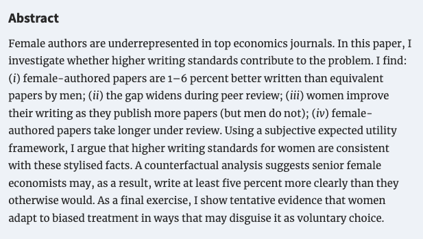 jenniferdoleac's tweet photo. Delighted to see this influential paper by @erinhengel is forthcoming at @EJ_RES:

"Are Women Held to Higher Standards? Evidence from Peer Review"

https://t.co/Xbv1AZ7S3N https://t.co/UquU903Zqw
