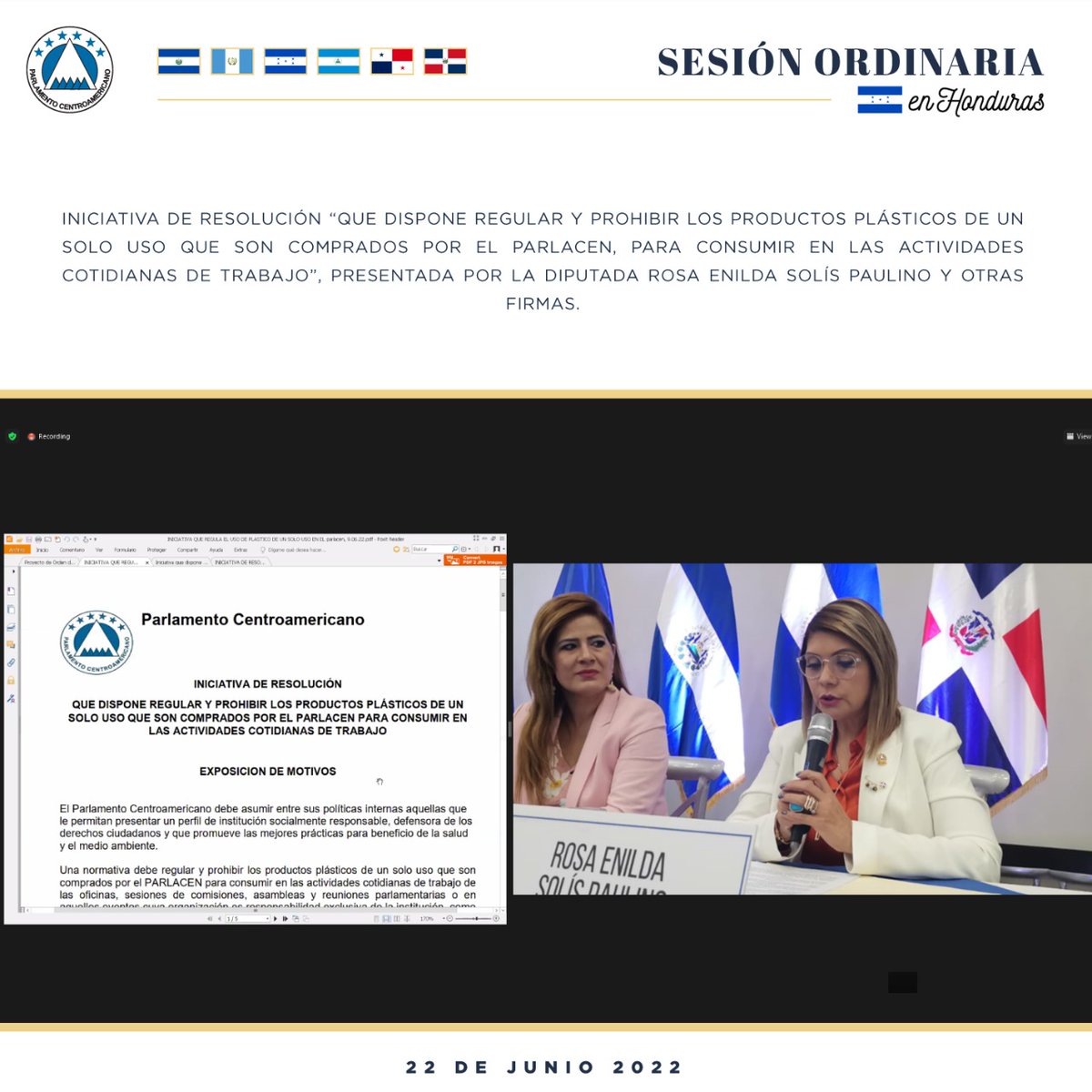PARLACEN's tweet photo. Admitida para trámite Iniciativa de Resolución que dispone regular y prohibir productos plásticos de un solo uso, comprados por el @PARLACEN para consumir en actividades cotidianas de trabajo, presentada por HD Rosa Enilda Solís Paulino https://t.co/vjrxUbUKaf