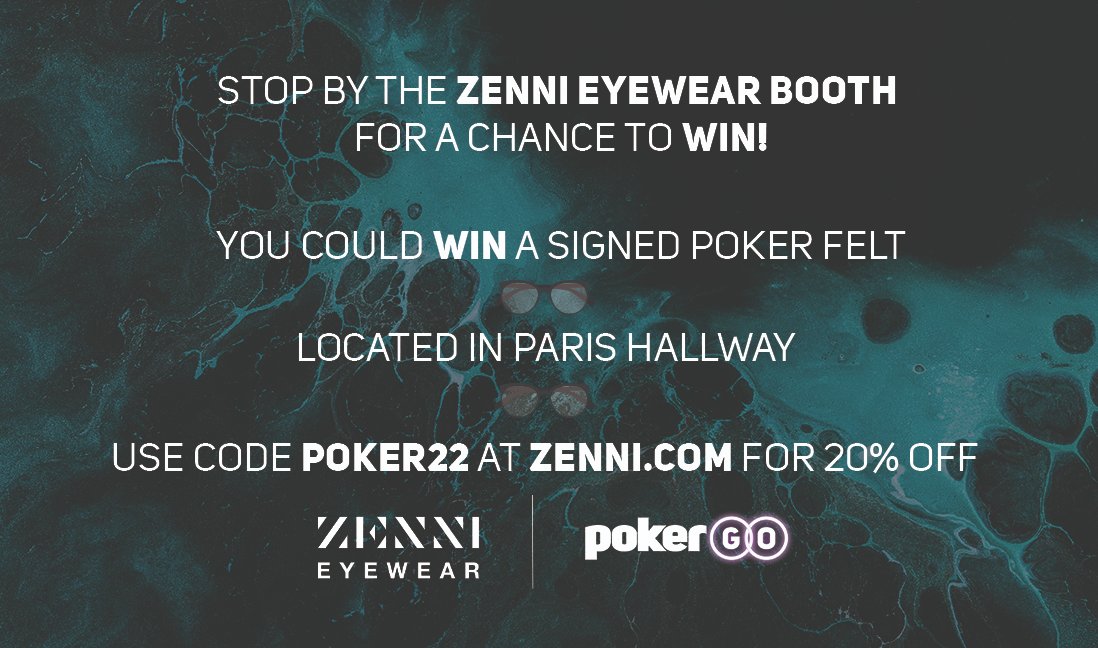 PokerGO's tweet photo. Are you in need of new eyewear? 

PokerGO and @zennioptical have you covered. You can see their latest line of glasses and more in their booth in the Paris hallway.

Head there now to claim a lottery ticket which can earn you great prizes such as a signed Poker Masters felt! https://t.co/I4MF0ppEp8