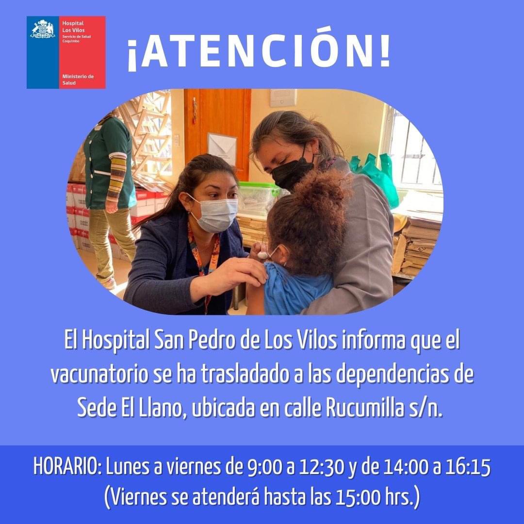 ATENCIÓN #LOSVILOS 🚨| Compartimos a la comunidad vileña el traslado de nuestro vacunatorio a la Sede El Llano, ubicada en Calle Rucumilla S/N. Informamos también los horarios de atención 🏥🕓

Comparte esta informacióncon tus contactos‼

#ElHospitalDeLosVileños #Vacunatorio