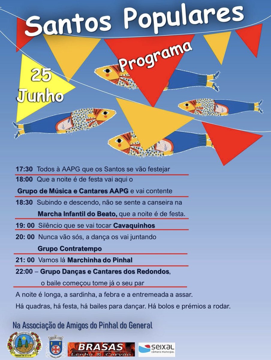 AntnioC64365979's tweet photo. 😁🫣🫢🚶🏻‍♂️ ÚLTIMOS ENSAIOS DA NOSSA MARCHA ‼️
Este sábado, dia 25, a partir das 17h30, na Associação de Amigos do Pinhal do General,  venha divertir-se na Festa dos Santos Populares…

#pinhaldogeneral #fernaoferro #seixal #cultura https://t.co/W8XpdNWr2x