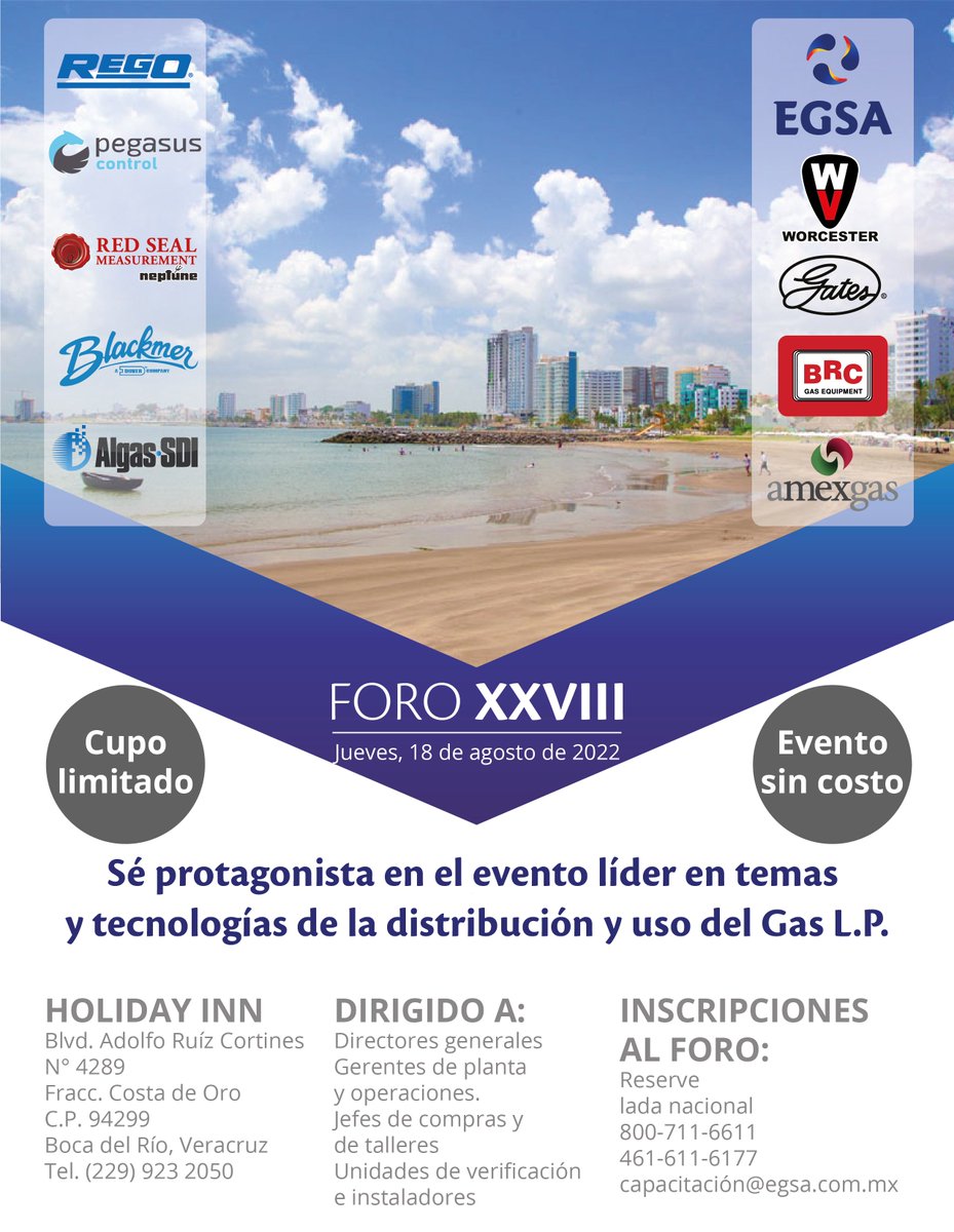 egsamx's tweet photo. El equipo #EGSA te invita al XXVIII FORO EGSA que se llevará a cabo en Boca del Río, Veracruz. 
Sé parte de este gran evento en el que te presentaremos las nuevas tecnologías y normativas de GLP  #Rego #pegasuscontrol #RedSeal  #Blackmer #algassdi #worcester #Gates #BRC #amexgas https://t.co/FGTIXnMGRE
