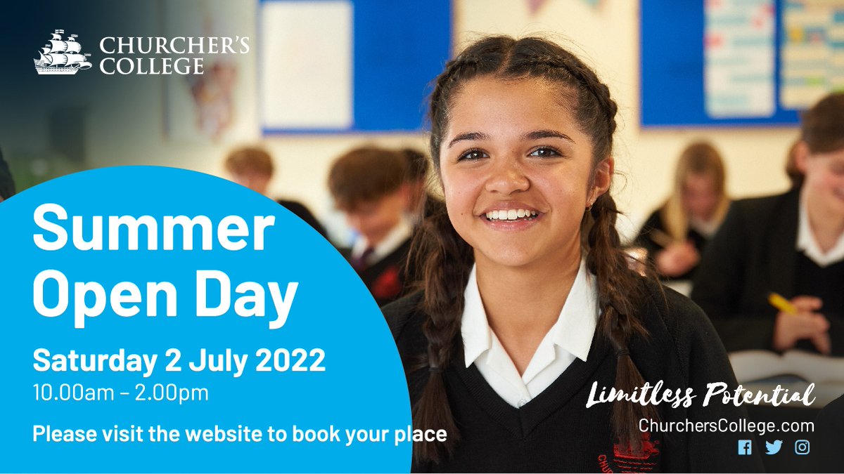 Churchers1722's tweet photo. Explore our school at our Summer Open Day on Saturday 2 July 2022. 

Book your place today: https://t.co/KWmBMOWtff

#ChurchersLimitlessPotential https://t.co/1cx7o1imnU