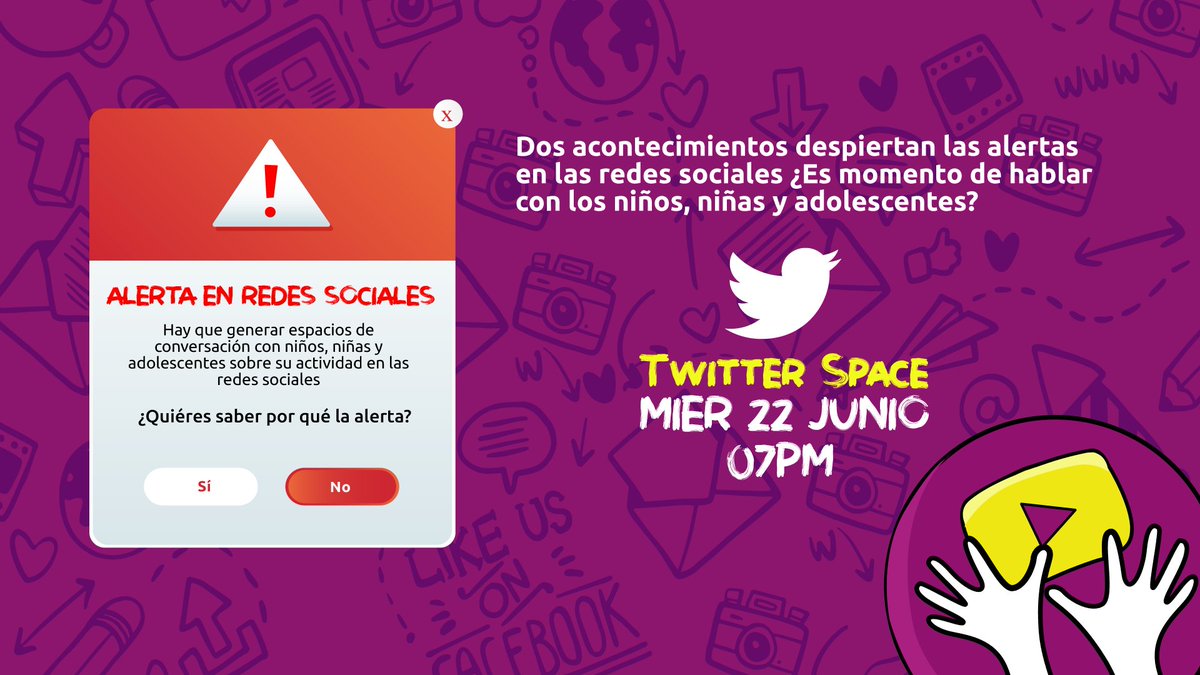 ¿Tienes niños/as y adolescentes en casa usando redes sociales? ¿Haz visto la tendencia de contenidos actuales? Hoy encendemos nuestra primera #AlertaenRSS a través de #TwitterSpace a las 7PM. Conéctate para que sepas los contenidos que requieren espacios para estar prevenidos.