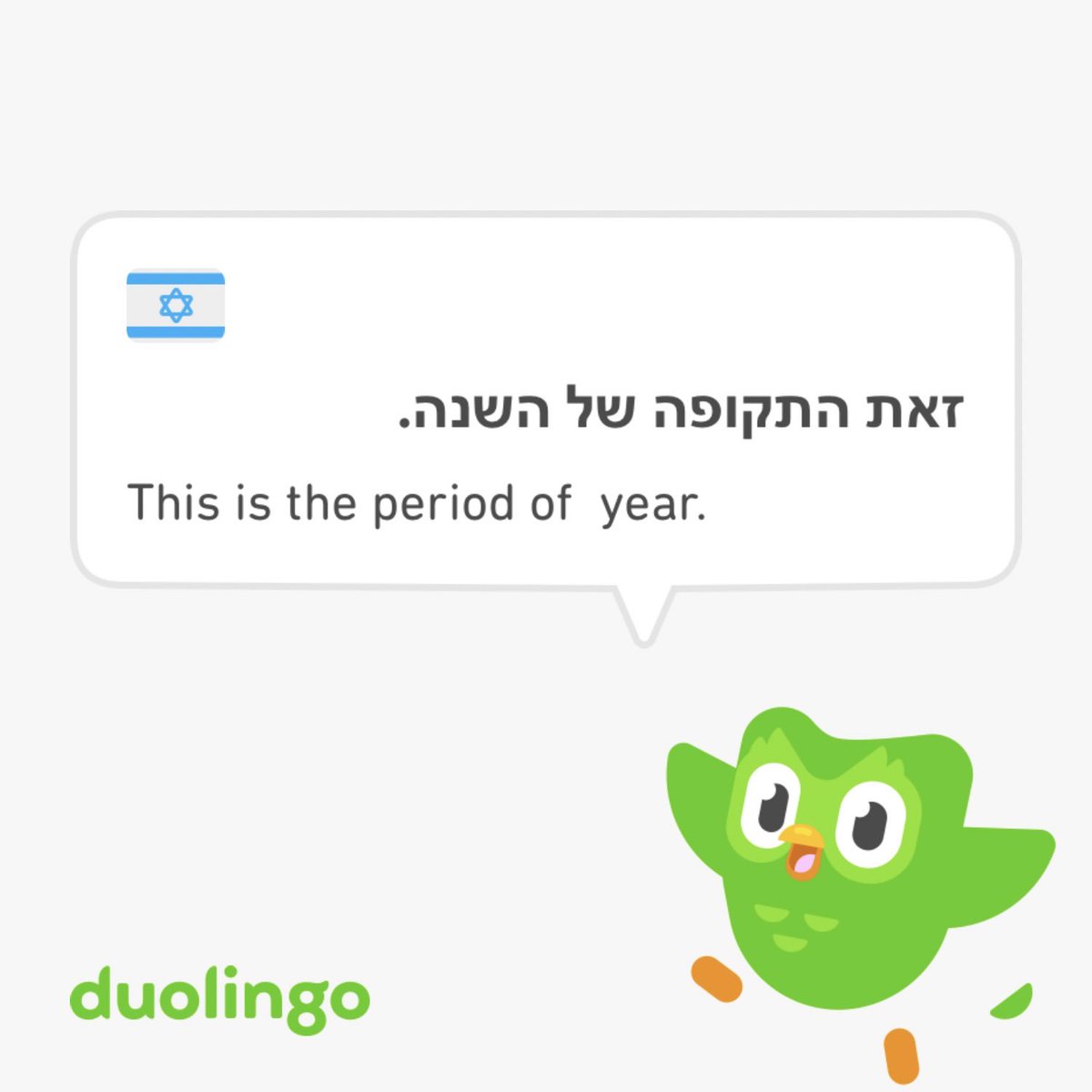 NicoleAfek's tweet photo. What does this even mean? Oh dear ⁦@duolingo⁩ - this makes no sense in English (and השנה means "the year") #duolingo #shitduolingosays https://t.co/DUpHvbz4Cz