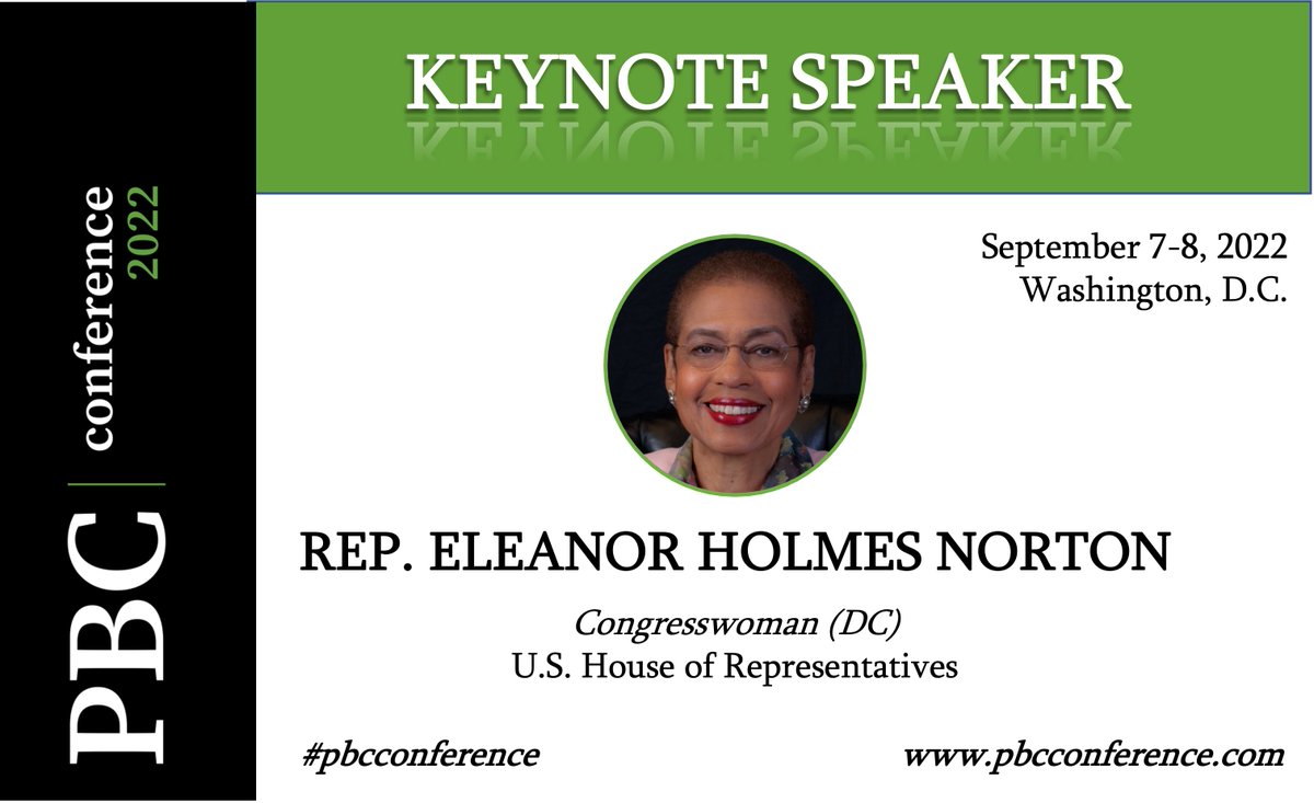 KEYNOTE ANNOUNCEMENT! We are excited to welcome back Rep. <a href="/EleanorNorton/">Eleanor #DCStatehood Holmes Norton</a> as a Keynote Speaker at PBC 2022!

PBC Conference is the B2B conference for #payments, #banking, and #compliance in the #cannabis industry. pbcconference.com 

Join us September 7-8, in Washington DC!