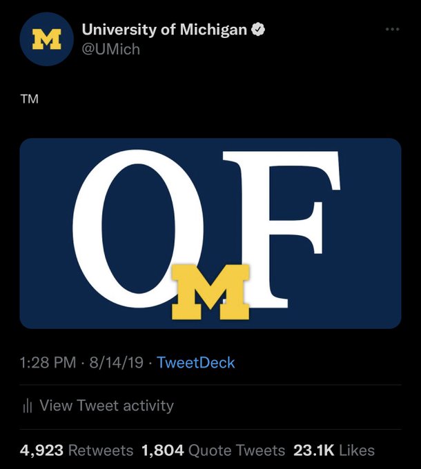 Letters o and f are seen with a maize block M on a blue background and text is a trademark symbol. The image is a screenshot of a 2019 tweet.