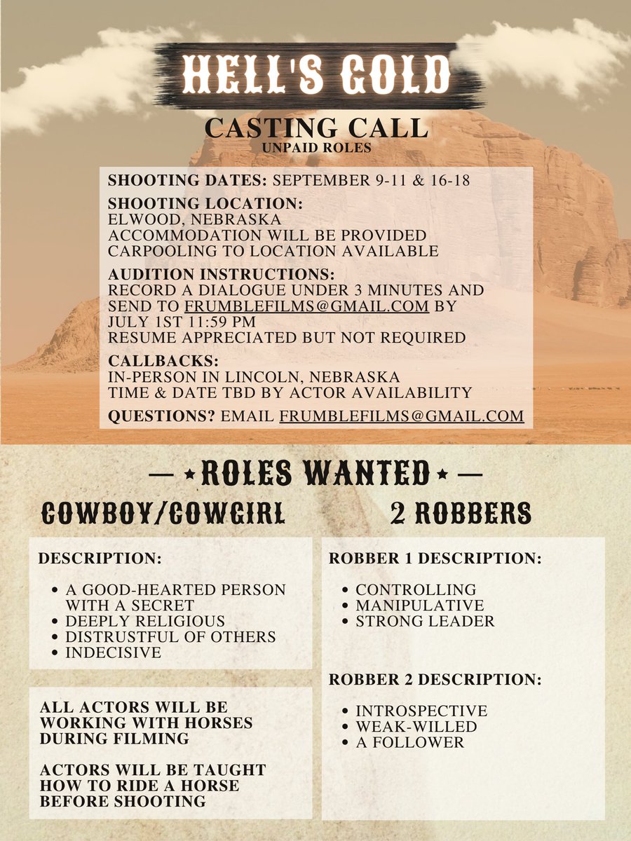 We’re excited to begin our #auditioning process for “Hell’s Gold.” 🤠 

This #shortfilm is being directed by Paige Christensen and shot by <a href="/DebbanWyatt/">Wyatt Debban</a>. They are also producing along with <a href="/hanpedersen/">Hannah Pedersen</a>.

We can’t wait to see your submissions!