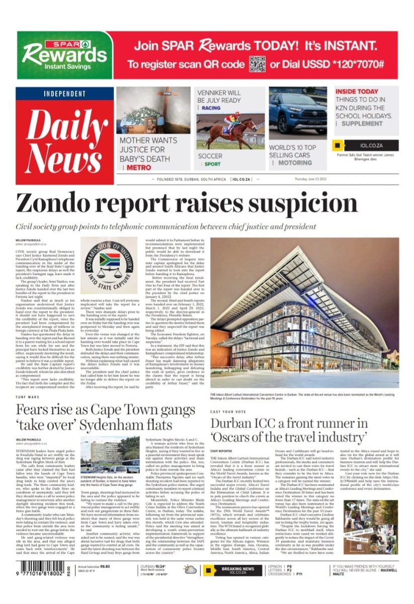 Our front page on June 23, 2022 #StateCapture #StateCaptureReport #StateCaptureInquiry #DrugsOffTheStreets #Durban #DurbanICC #Eskom #LoadShedding