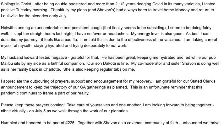 An update from co-mod Ruth Santana-Grace as of 3pm Wed 6/22 #ga225 #pcusa