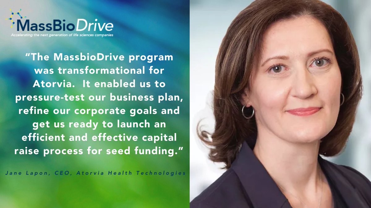 MassBio's tweet photo. @atorvia_co CEO on her #MassBioDrive experience: “The program was transformational. It got us ready to launch an efficient and effective capital raise process for seed funding.” 
To join the next cohort, apply by 7/1: https://t.co/mNKwjAtkC8 https://t.co/GXu7YnpLXe