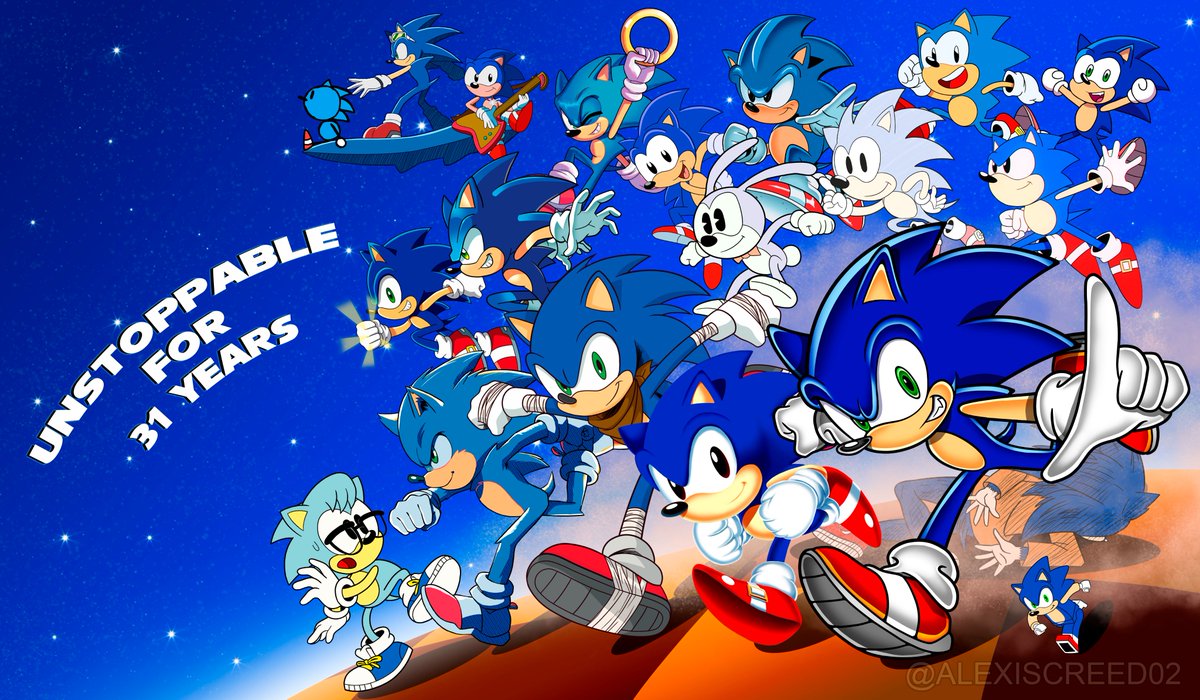 What's this? a lot of Sonic's gather to celebrate a special day. Happy birthday <a href="/sonic_hedgehog/">Sonic the Hedgehog</a> 
#SonicTheHedgehog #fanart #sonicart #sonicfanart #SEGA #SonicMovie2 #Sonic31st
