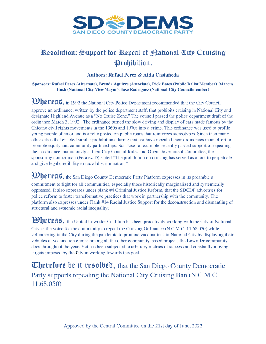 We stand in solidarity with our families, friends, and neighbors in the United Lowrider Coalition. We call on our representatives in National City to repeal the National City Cruising Ban (N.C.M.C. 11.68.050).