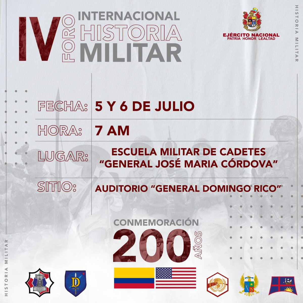 LorenaErazoP's tweet photo. IV Foro Internacional de Historia Militar
Tema:
Bicentenario de las relaciones militares Colombia y Estados 
Modalidad: presencial
Inscripción al personal que desee participar, por medio del siguiente link:https://t.co/VWrEsoAVsc

Los esperamos https://t.co/xO99KtZN2r