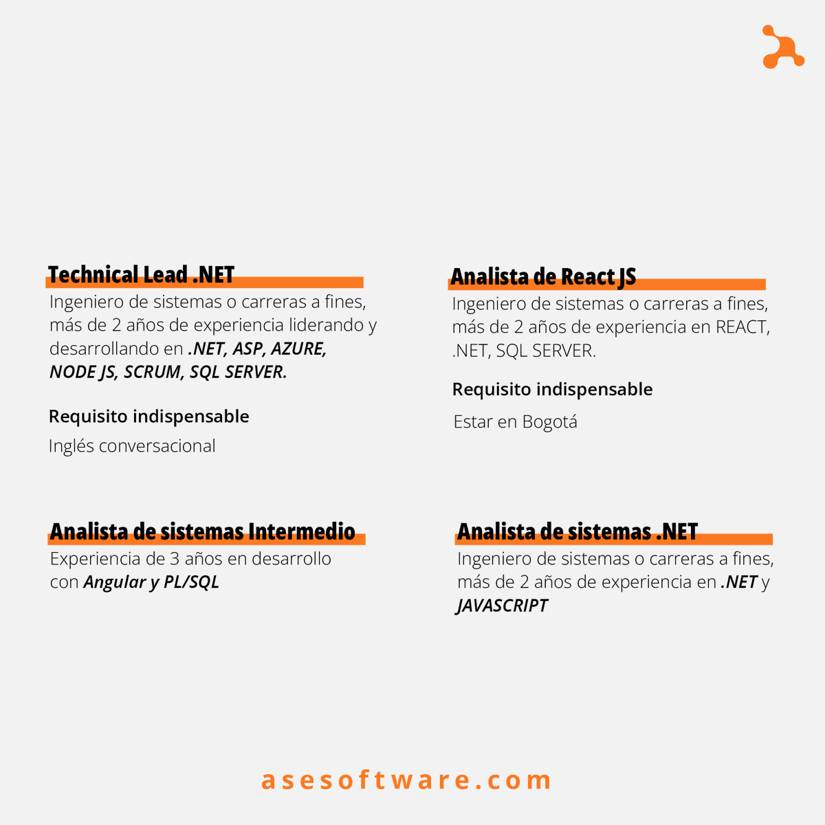 Asesoftware_'s tweet image. #TrabajoSíHay En Asesoftware seguimos creciendo. Si conoces a alguien con alguno de estos perfiles o es de tu interés, envíanos tu CV a seleccion@asesoftware.com o postúlate en nuestra página web lnkd.in/gnGtZ4Dd ¡Te estamos esperando!