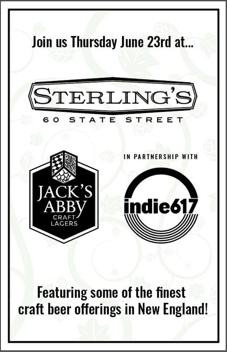 indie617's tweet photo. Join @indie617 + @JacksAbby Tomorrow from 5 till 7 at @SterlingsBoston in Faneuil Hall. https://t.co/JwhLESGBma