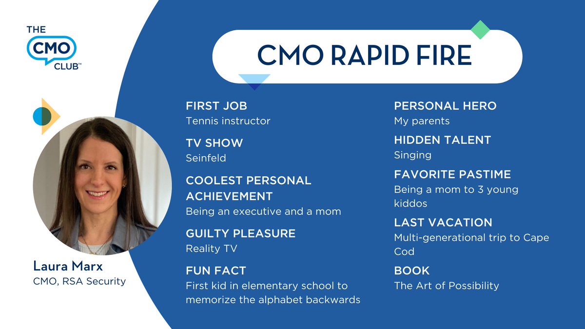 Get to know Boston #CMOclub member Laura Marx,
CMO, at @RSAsecurity! 🎤🔥 #CMOrapidFire