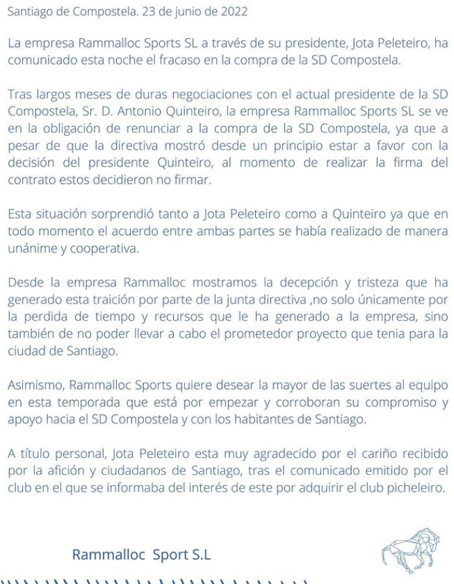 MCeleste1923's tweet photo. 🚨Comunicado do excéltico Jota Peleteiro (@KingJota) sobre a non compra da @SD_Compostela

Jota explica que tras meses de negociacións "al momento de realizar la firma del contrato estos (directiva) decidieron no firmar", e isto sorprendeu "tanto a Jota como a Quinteiro" https://t.co/hK0rrFzvyL