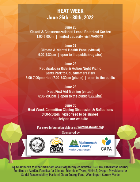 PortlandGov's tweet photo. Want to prepare for the next heat wave? 
The City of Portland - @PortlandBEM is partnering with other City bureaus, @multco, and community partners such as @Verde_NW and @350_PDX to organize Heat Week. https://t.co/voxUHMumQR