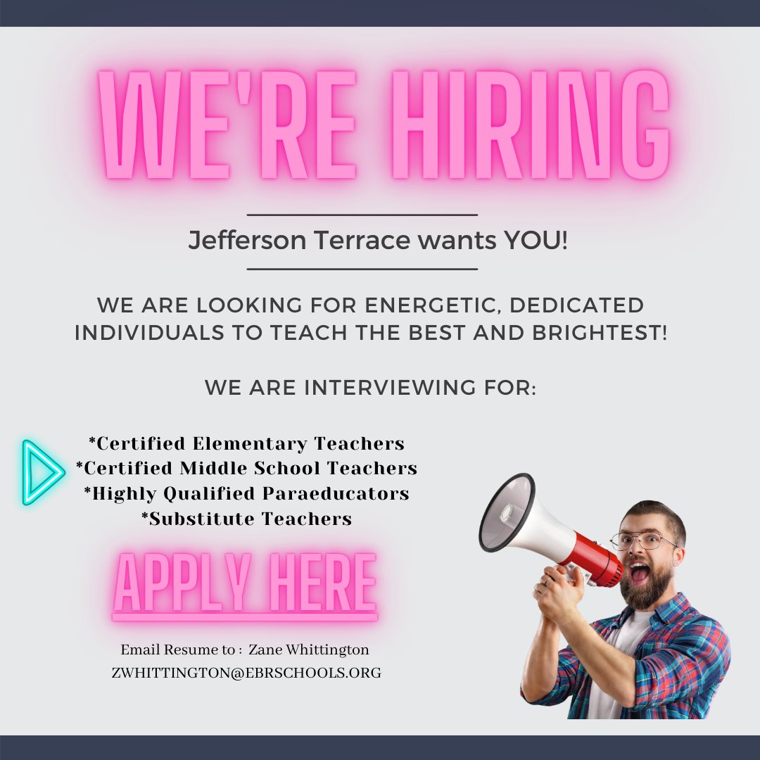 Jefferson Terrace is hiring! Happy Summer Parents! Please share with your friends that Jefferson Terrace is hiring in many positions for next school year!    siap.ps/bd597c