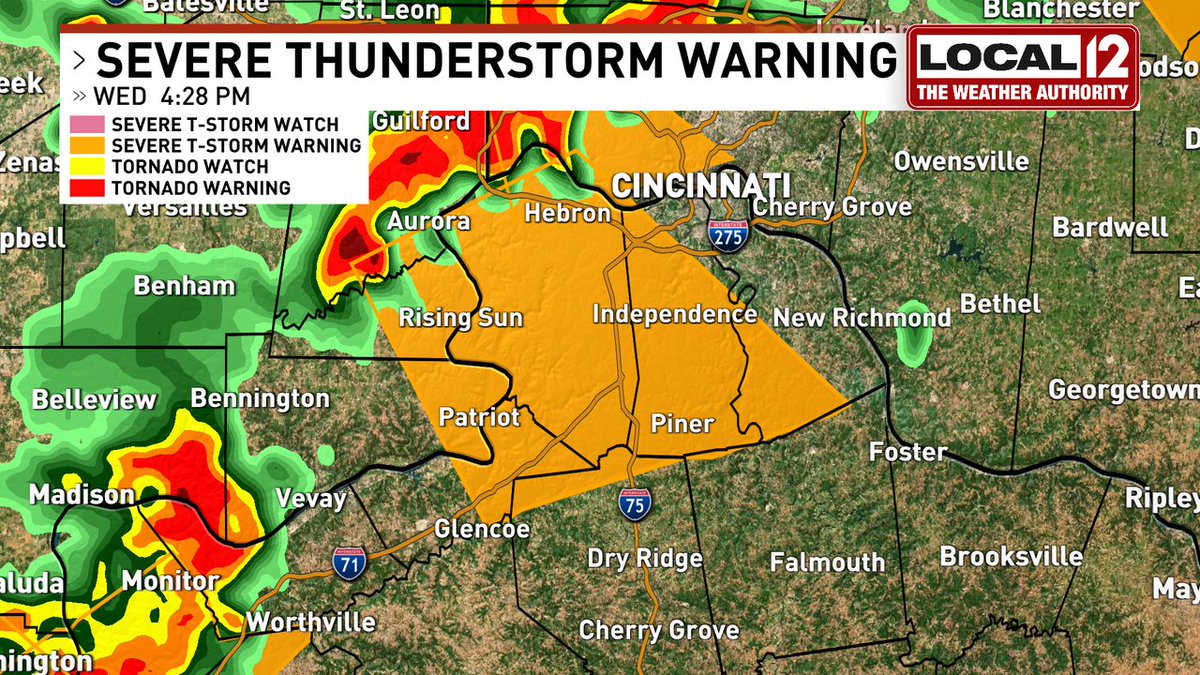 A Severe Thunderstorm WARNING has been issued for Kenton, Boone, Ohio, Grant, Campbell, Gallatin, Switzerland, Dearborn, Hamilton until 6/22 5:15PM. Seek shelter indoors away from windows. Visit local12.com for updated radar and to download The Weather Authority App.