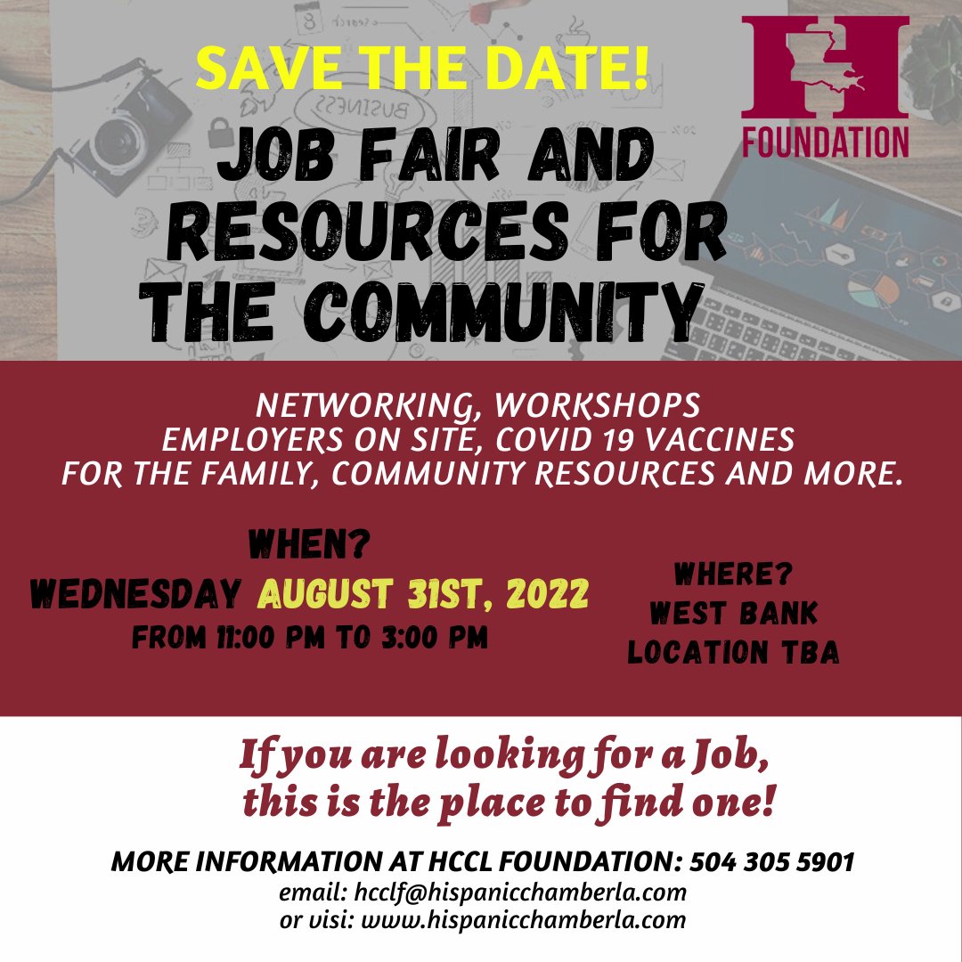 Ya se acerca nuestra  Feria de Trabajo.
Reserva esta fecha
Agosto 31, 2022

Our Job Fair is coming up.
Save  the date
August 31, 2022