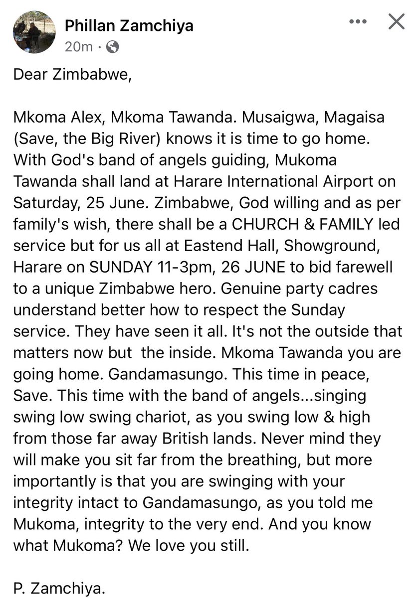 drDendere's tweet photo. Our beloved Alex Magaisa will arrive arrive home on June 25. There will be an open service at showground on June 26. May all those who can attend go in your numbers to bid our wonderful, kind, generous colleague and friend goodbye. It’s still so hard to think of. 💔 https://t.co/swZTawZD5h