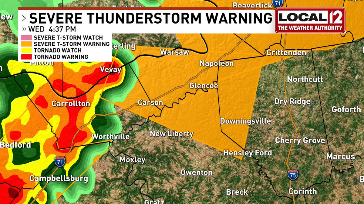 A Severe Thunderstorm WARNING has been issued for Gallatin, Switzerland, Carroll, Grant, Owen until 6/22 5:00PM. Seek shelter indoors away from windows. Visit local12.com for updated radar and to download The Weather Authority App.