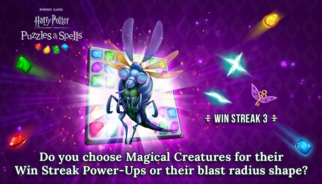 HPPuzzlesSpells's tweet photo. Severing Surge, Winged Key & Two-Way Severing Surge are part of the Billywig's Win Streak Power-Ups! Would you use it for the Power-Ups or for the Blast Radius?
Complete consecutive Puzzles to earn a Win Streak NOW ➡️ https://t.co/aQXTRd5X9M
#HarryPotterPuzzlesAndSpells #Billywig https://t.co/kcjwg4fvv8
