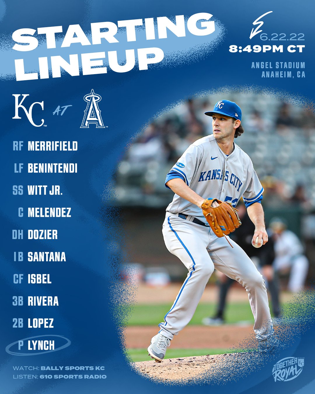 The Royals lineup for June 22 at the Los Angeles Angels:

RF Whit Merrifield
LF Andrew Benintendi
SS Bobby Witt Jr.
C MJ Melendez
DH Hunter Dozier
1B Carlos Santana
CF Kyle Isbel
3B Emmanuel Rivera
2B Nicky Lopez

P Daniel Lynch

Broadcasts of tonight's game will be available on Bally Sports KC and KCSP 610 AM.

First pitch from Angel Stadium in Anaheim, CA is set for 8:49 p.m. CT. Go Royals!

Inset photo: Daniel Lynch starts his pitching motion.