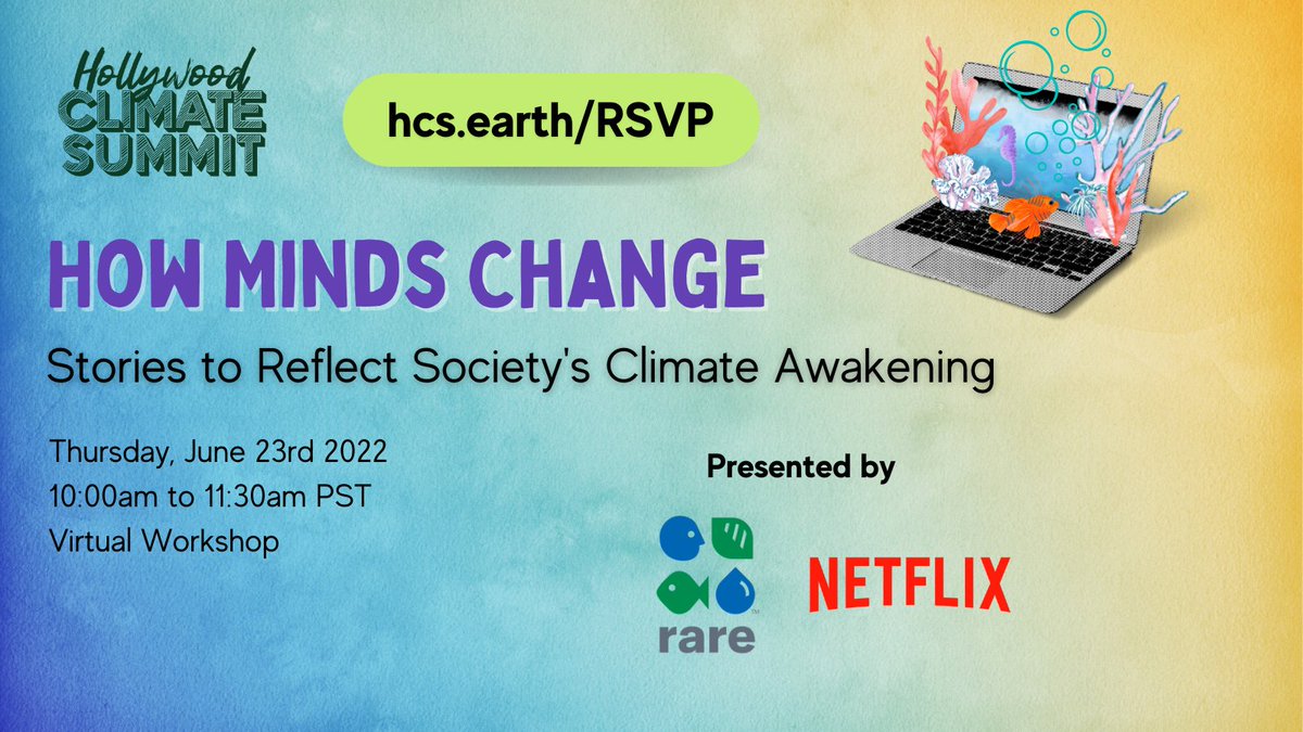 🧠 Discover the power of psychology in storytelling to accelerate climate action, capture the zeitgeist of change, and reflect the reality of a world in transition.

💥Presented by @rare_org and @Netflix.

𝗥𝗦𝗩𝗣 𝗳𝗼𝗿 𝗳𝗿𝗲𝗲 𝗮𝘁 hcs.earth/RSVP