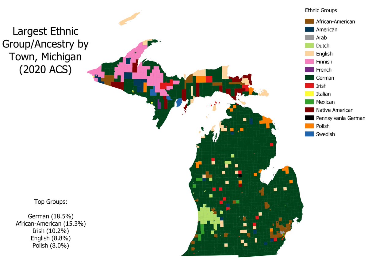 Largest Ethnic Group/Ancestry by Town, Michigan (2020 ACS