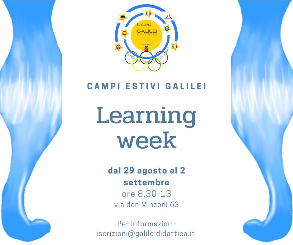 Attenzione! Learning week rinviata a fine agosto!
Sempre valide le date di 12 e 13 luglio per gli altri eventi.
Tutte le informazioni qui: liceogalileivoghera.edu.it/2022/06/21/lea…