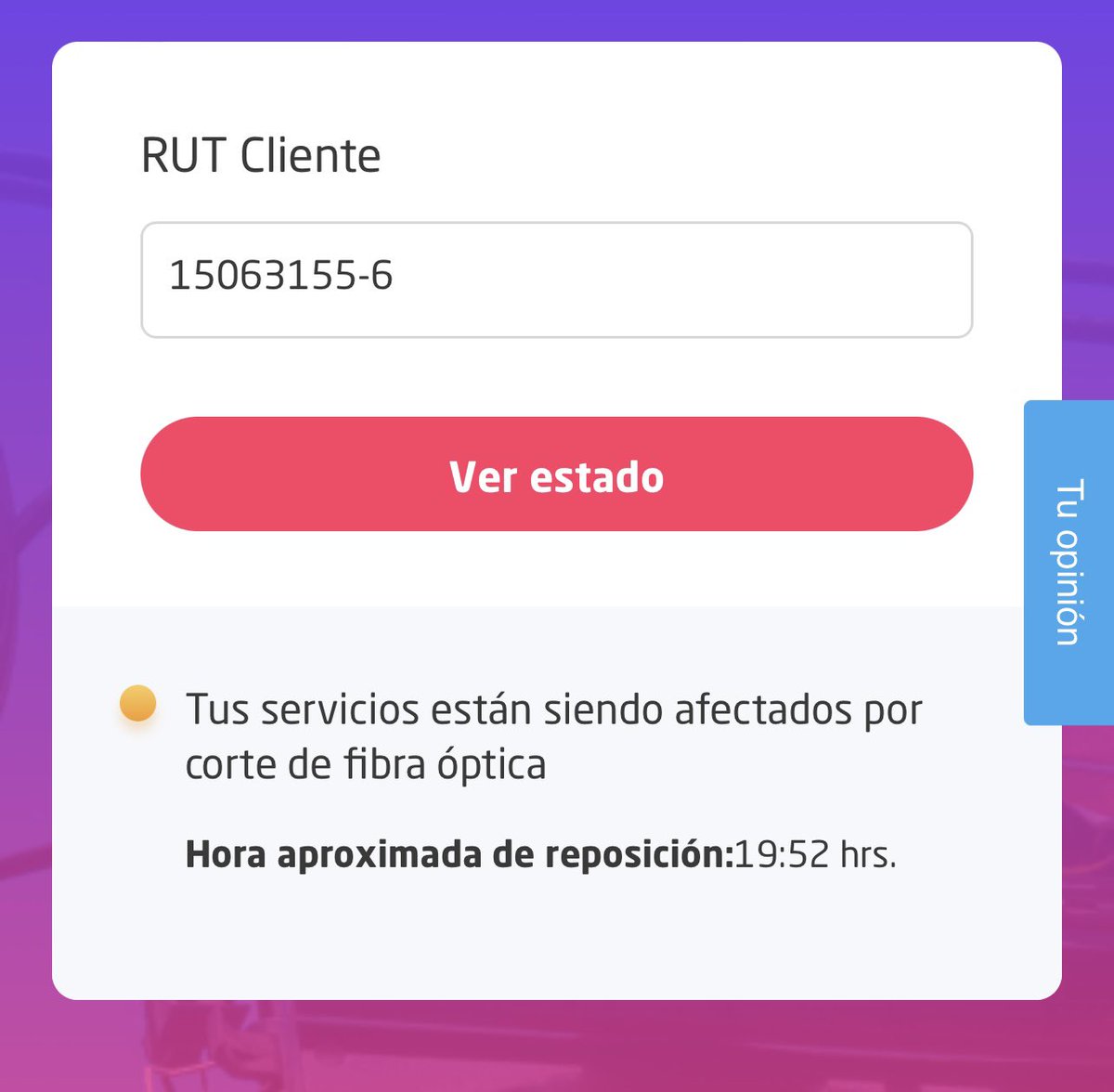 yesi_osses's tweet photo. Ahora dice a las 19:52
A que hora realmente estará el servicio de internet en stgo centro @VTRsoporte @SERNAC https://t.co/HFFkMeR0mz