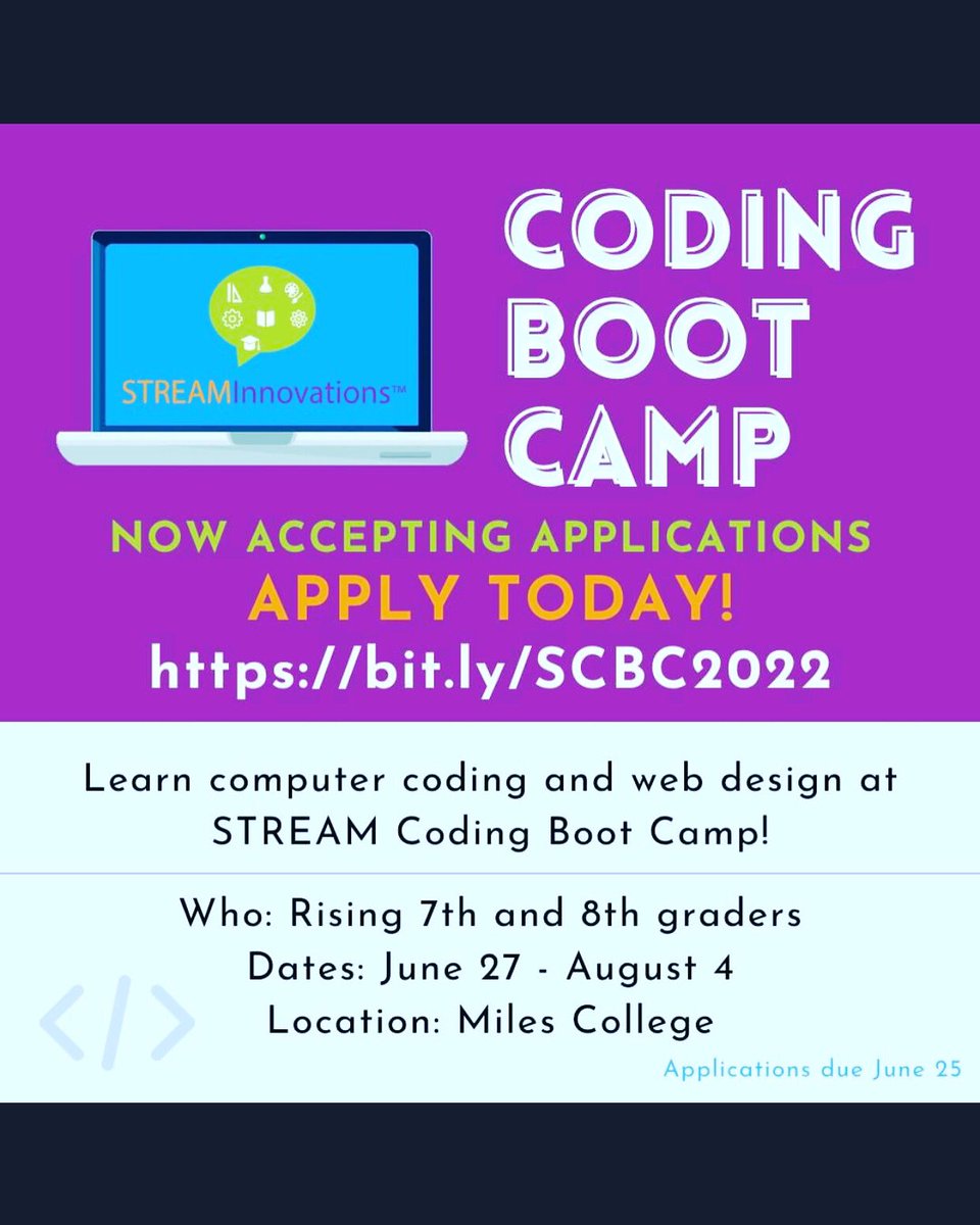 StreamInnovate's tweet photo. We are back with the STREAM Coding Boot Camp!!
We are looking for rising 7th and 8th grade students.

You only have until Saturday, June 25th to apply!

Use this link to apply 
https://t.co/RH1aPMr2oO

#streaminnovations #codingbootcamp #STEM #webdesign #milescollege https://t.co/4UQ8HzkzMt