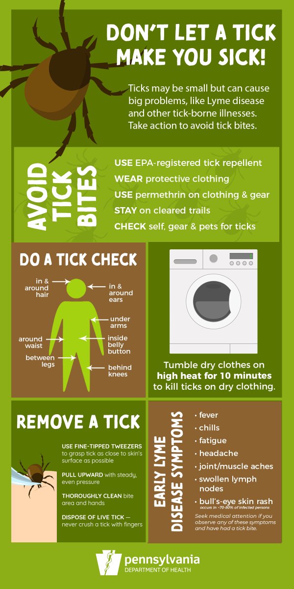 PAHealthDept's tweet photo. Ticks may be small, but they can cause BIG problems, like Lyme disease & other tick-borne illnesses. Protect against tick bites: https://t.co/9L0UE1R4u8 #PATickTalk https://t.co/z8Jb6tc5F8