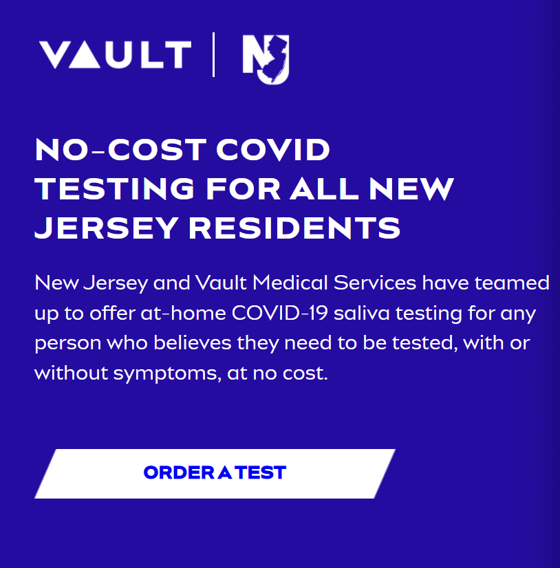 NJDeptofHealth's tweet photo. The Department of Health is partnered with @vaulthealth to provide free at-home COVID-19 saliva tests. The PCR test takes about 10-15 minutes to complete and can be done in the privacy of your own home. For more information and to order your tests visit https://t.co/ZAKPzYrBia https://t.co/aBmwaJ2JDm