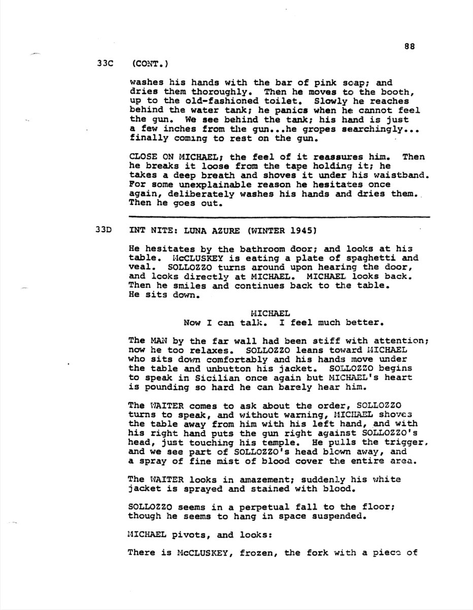 One_PerfectPage's tweet image. The Godfather (1972) Screenplay by Mario Puzo and Francis Ford Coppola

Second Draft dated 3/1/1971, Page 88
