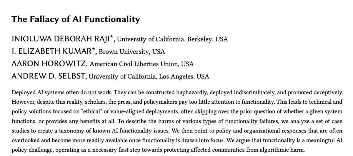 In all the excitement of #FAccT22, I forgot to actually announce what I'll be presenting! Fortunate to be involved with 3 papers, centered on my interest in algorithmic accountability.

The first: We discuss how current AI policy ignores the fact that many AI systems don't work.