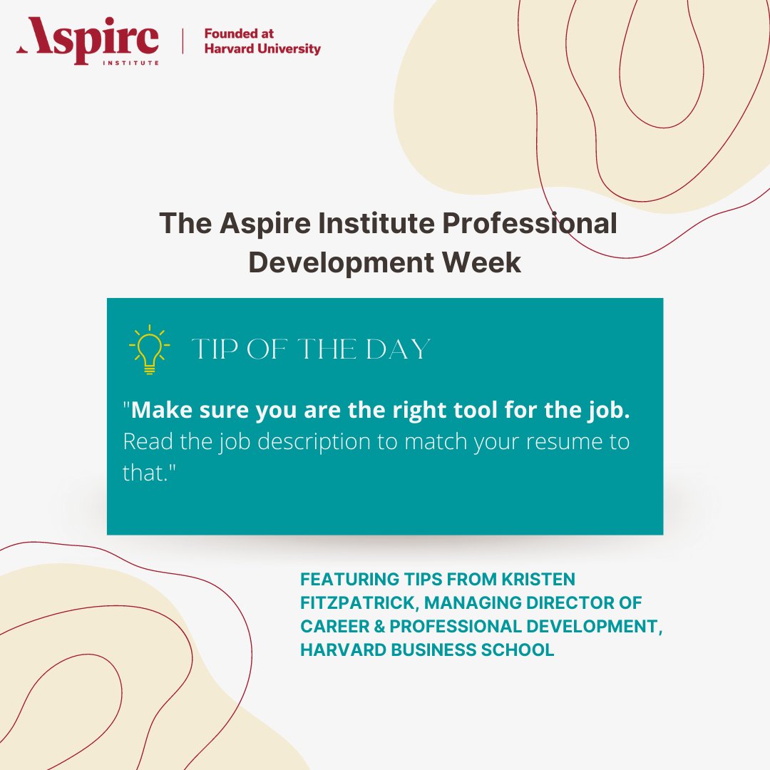 aspire_leaders's tweet image. Welcome to Day 2 of the Aspire Institute #ProfessionalDevelopmentWeek! 4 Days, 4 Tips. Today's tip is about matching your experiences for the job or opportunity you are applying to.

Follow us or visit aspireleaders.org to learn more!