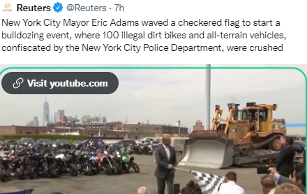 GematriaC's tweet photo. Dirt Bikes and All-Terrain vehicles crushed by mayor Adams. https://t.co/tFP36VymRO