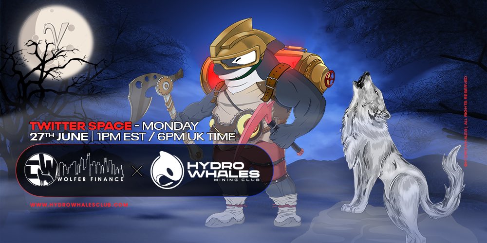 HydroWhalesClub's tweet photo. $1,000 worth of giveaways! 🚀🎉

Hydro Whales x @wolferfinance Twitter Space Monday 27th June 1pm EST 🐋🐺

Two game changing #NFT projects delivering #passiveincome to holders 🔥💰

https://t.co/MiyNd1S7Zd

#eth #btc #btcmining #defi #crypro https://t.co/gAseDAU66m